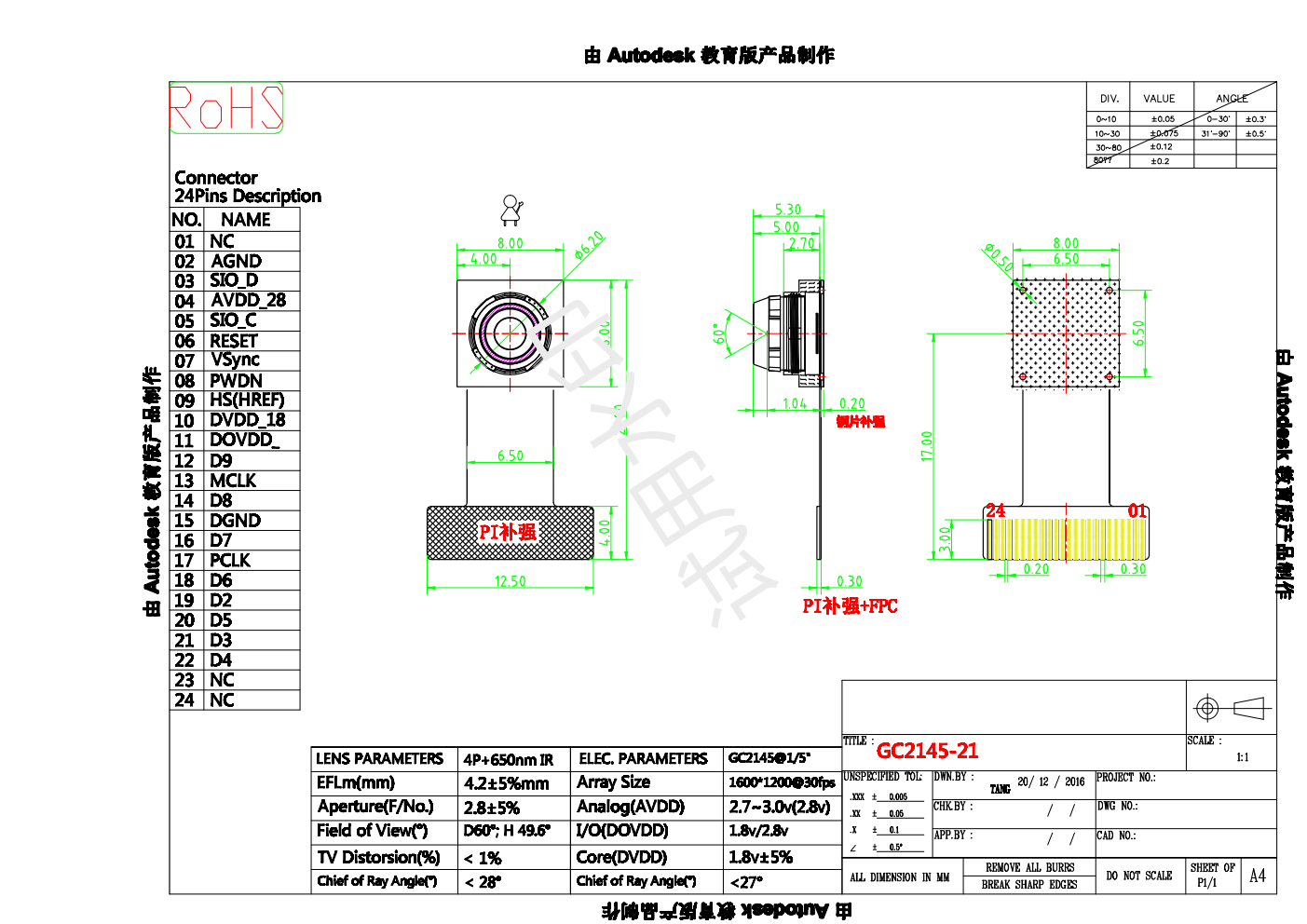 Figure 5: GC2145 camera module dimensions (68° field of view)