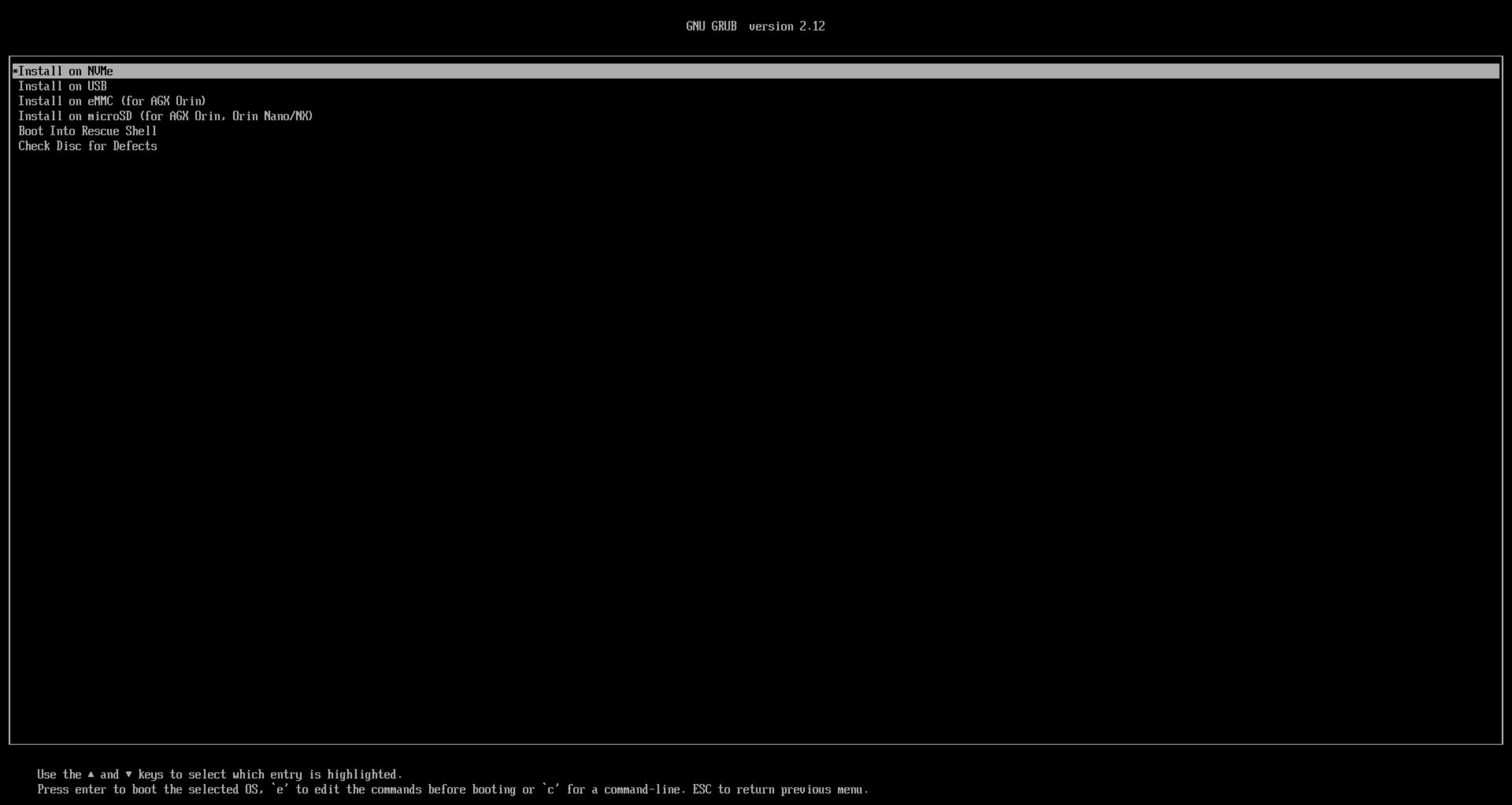 Storage target options in the GRUB menu