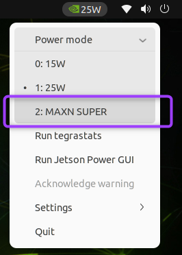 Selecting MAXN SUPER in the power mode menu